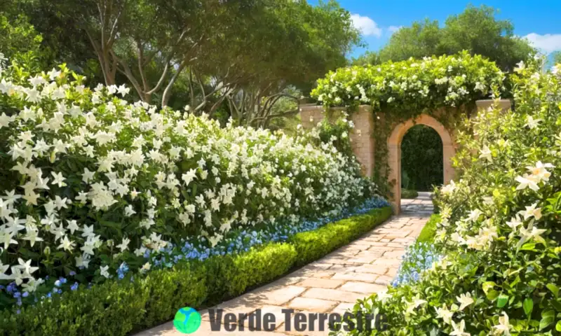 Jardín soleado con nueve variedades de jazmines en flor, mariposas y un cielo azul