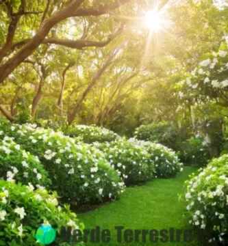 Escena de un jardín encantado con flores de jazmín de colores vibrantes