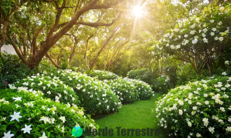 Escena de un jardín encantado con flores de jazmín de colores vibrantes