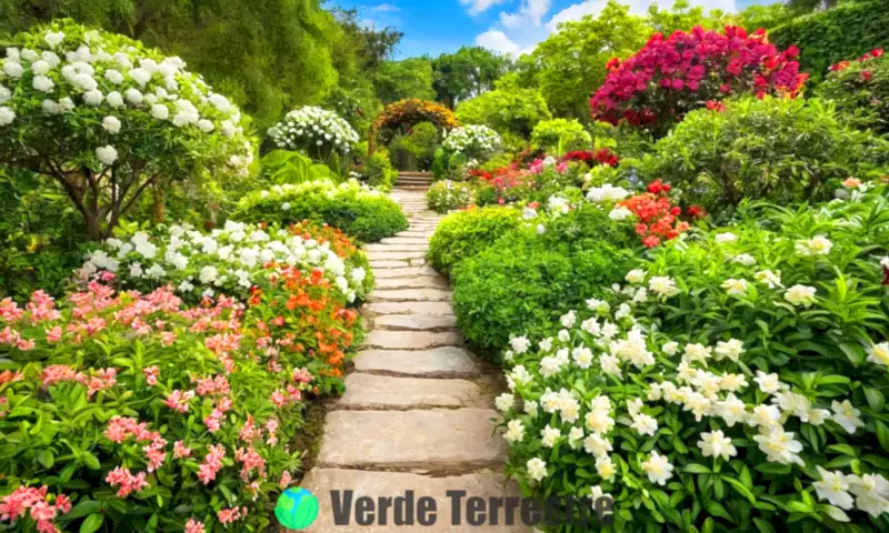 Jardín vibrante con nueve tipos de flores de jazmín en plena floración, bajo un cielo azul y con un sendero de piedra