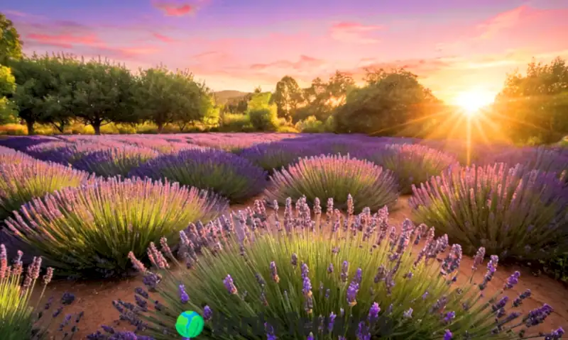 Jardín vibrante con 12 variedades de lavanda, etiquetas, insectos y un atardecer sereno