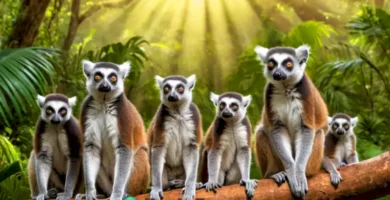 Ilustración colorida de 11 especies de lémures de Madagascar en un exuberante bosque tropical
