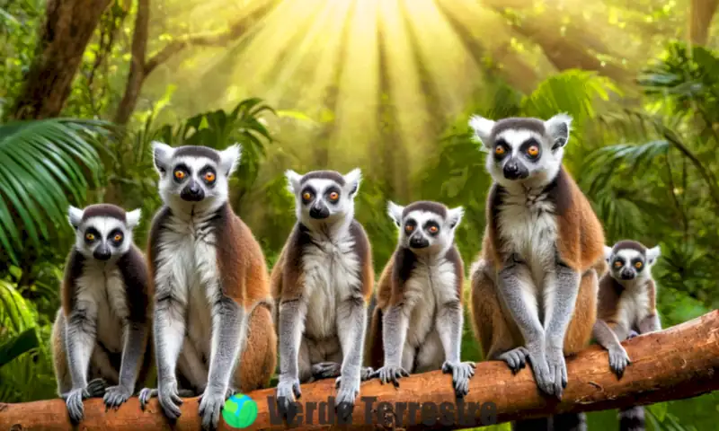 Ilustración colorida de 11 especies de lémures de Madagascar en un exuberante bosque tropical