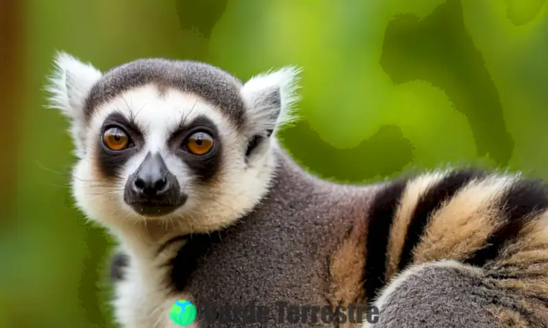 Escena de un bosque tropical en Madagascar con 11 especies de lemures en su hábitat natural rodeados de vegetación vibrante y flores coloridas