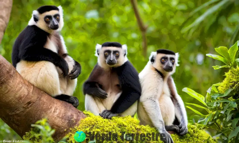 Lemures indri y sifaka juegan en la jungla de Madagascar rodeados de exuberante vegetación y flores coloridas bajo un cielo azul