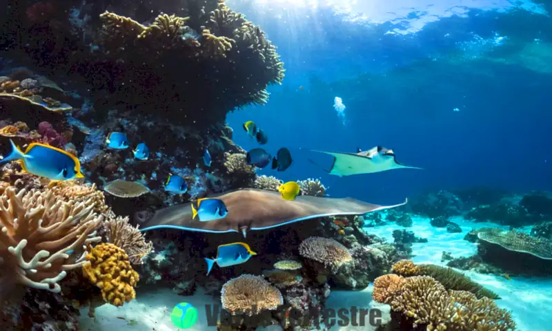 Siete mantarrayas de colores y patrones distintos nadan en un océano claro, rodeadas de coloridos corales y peces tropicales