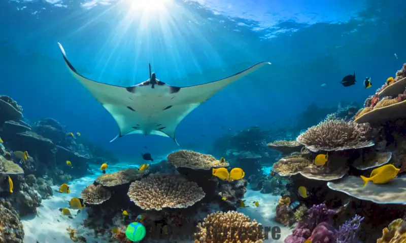 Manta raya gigante nadando en aguas azules de un arrecife de coral, rodeada de coloridos peces