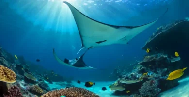 Siete mantarrayas de diferentes tipos y colores nadando en un vibrante entorno submarino