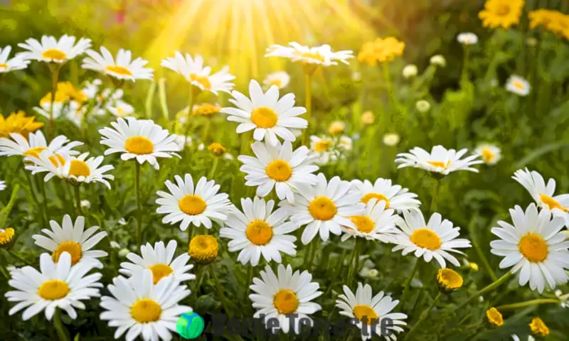Jardín soleado con 14 tipos de margaritas coloridas y herramientas de jardinería en el fondo