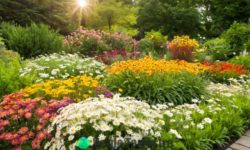 Portada de un jardín vibrante con 14 tipos de margaritas de colores variados, herramientas de jardinería y un ambiente soleado