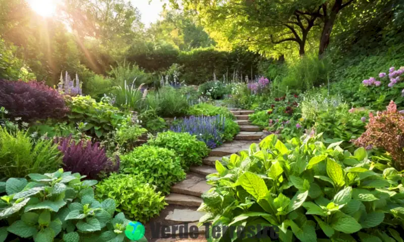 Jardín encantado con 13 plantas de menta de diversas texturas y colores, bajo un suave sol, en un estilo botánico
