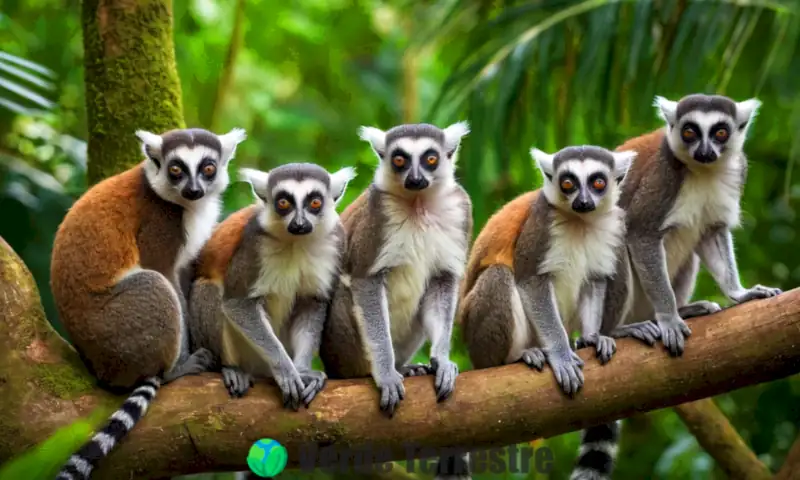 Diversos primates strepsirrhines, como lémures y lorises, en un vibrante bosque tropical, rodeados de vegetación exuberante y flores coloridas