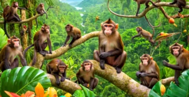 Diversas especies de monos juegan en una jungla vibrante