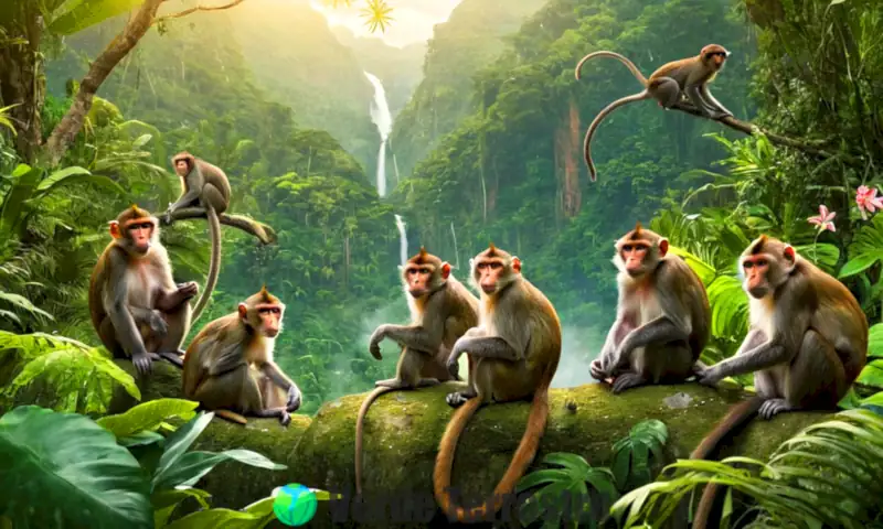 Ilustración de primates haplorinos con más de 30 especies de monos en una jungla vibrante, destacando su diversidad y características únicas