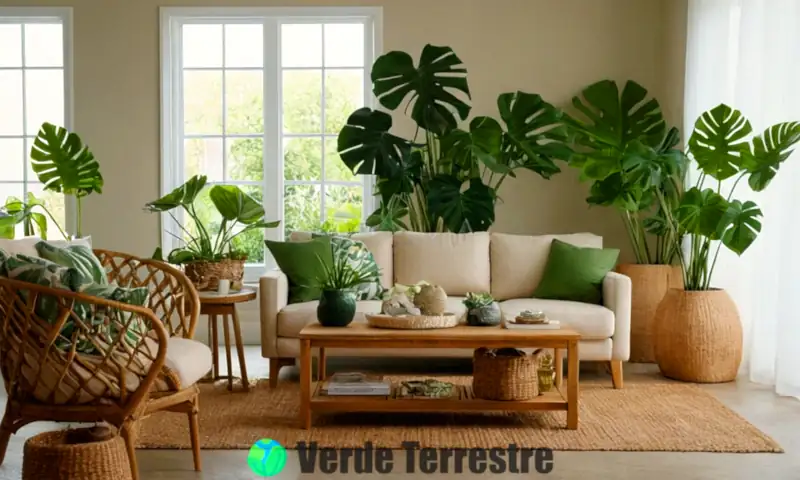 Sala de estar iluminada con plantas de Monstera en macetas elegantes, resaltando sus hojas y texturas