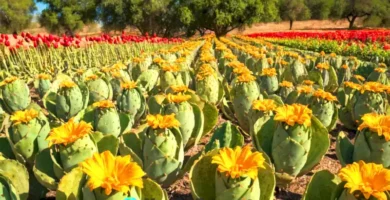 Bodegón artístico con 18 tipos de nopales en un campo agrícola bajo un cielo azul