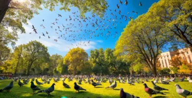 Ilustración artística de 20 especies de palomas en un parque vibrante