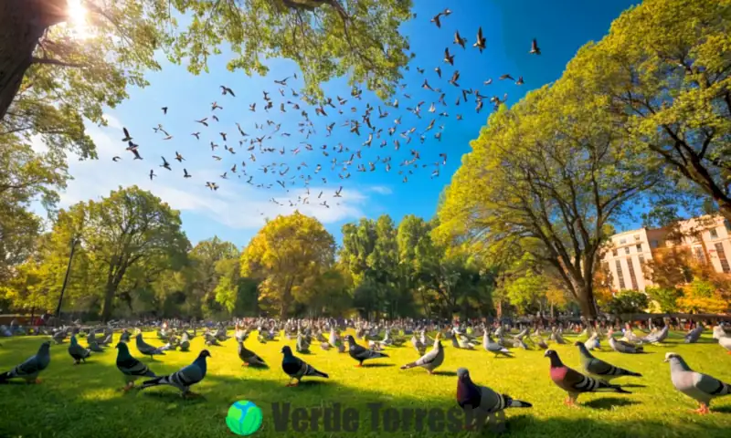 Ilustración artística de 20 especies de palomas en un parque vibrante