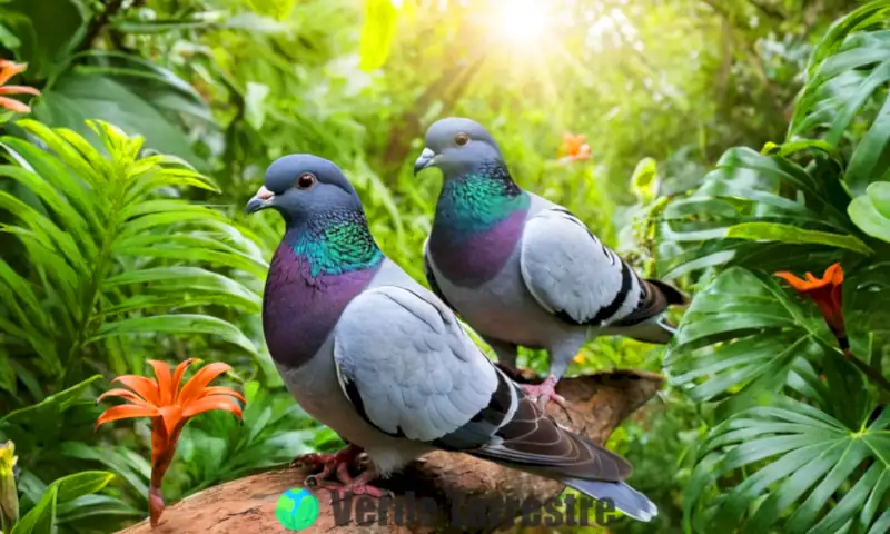 Veinte especies de palomas coloridas en un ecosistema vibrante con plantas y un cielo azul