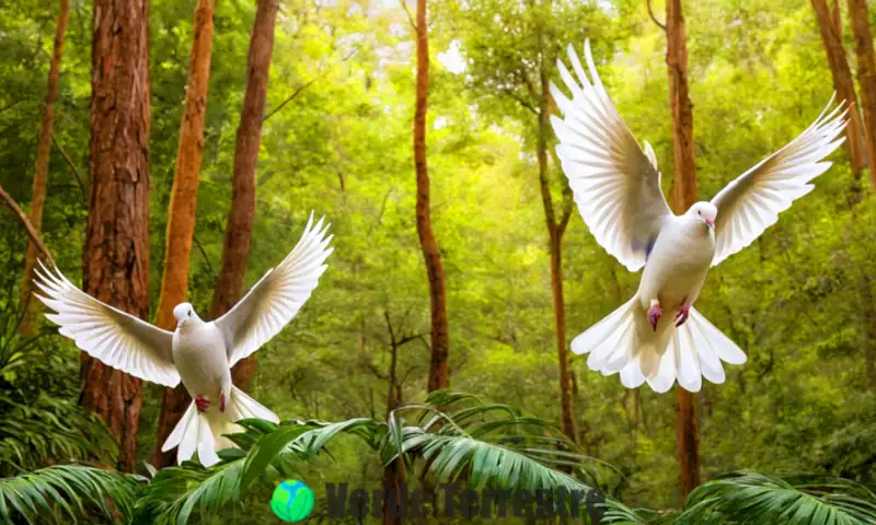 Collage ilustrado de 20 especies de palomas en diversos hábitats, con plumajes vibrantes y detalles intrincados