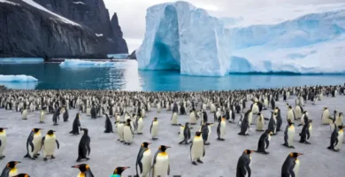 Ilustración de 18 especies de pingüinos en hábitats antárticos
