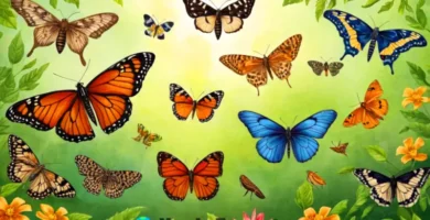Ilustración realista de 26 polillas variadas en colores vibrantes