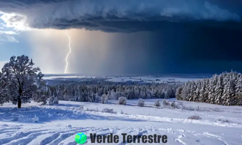 Ilustración educativa que muestra diferentes tipos de precipitación en un paisaje verde, con un cielo dinámico que va de soleado a tormentoso