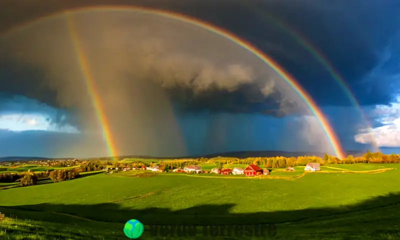 Representación artística de diferentes tipos de precipitación en un paisaje con nubes oscuras, sol brillante y un arcoíris, mostrando campos verdes bajo la lluvia, una montaña nevada y un pueblo con granizo