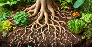 Ilustración educativa de raíces de plantas en un entorno verde