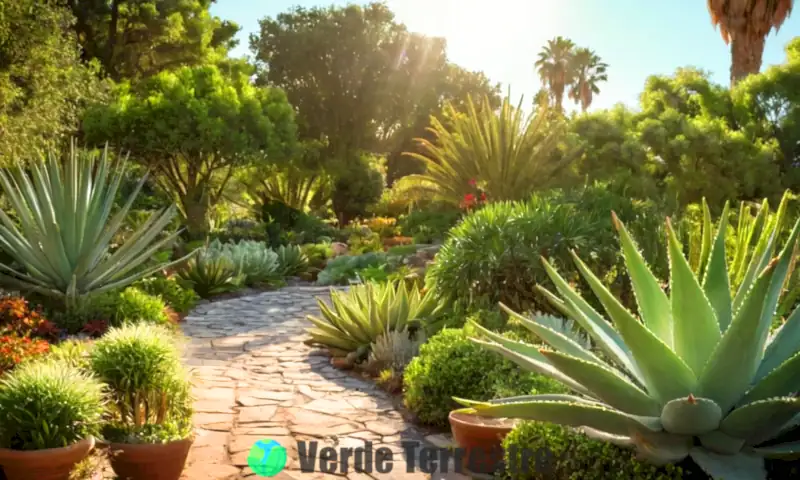 Jardín botánico sereno con diversas variedades de Aloe Vera bajo luz cálida, rodeado de vegetación y un sendero decorativo