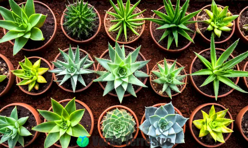 Portada con 10 variedades de aloe vera en un jardín, mostrando sus formas y colores, con etiquetas y un fondo verde