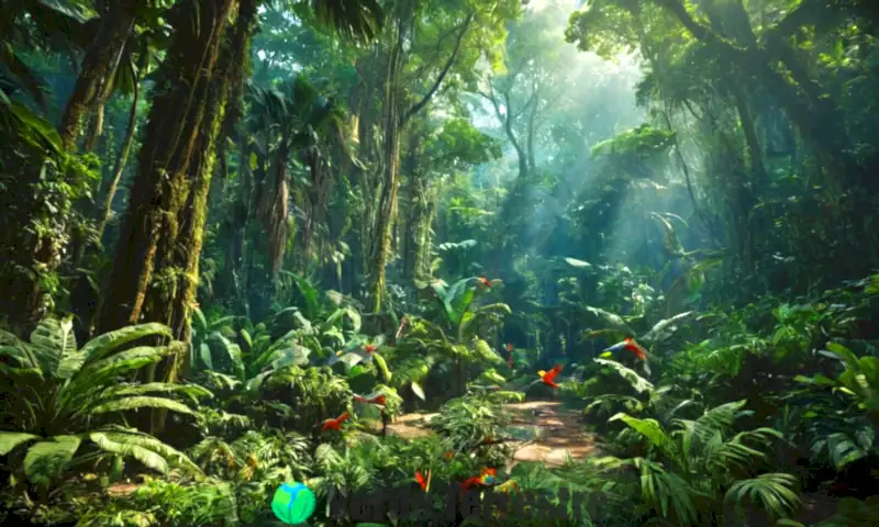 Escena realista de un bosque tropical con árboles altos, follaje vibrante y animales como aves coloridas y monos, iluminada por la luz del sol entre las hojas