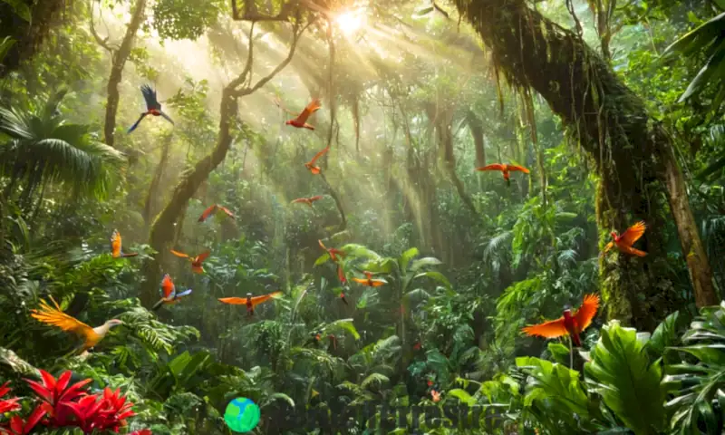 Escena vibrante de una selva tropical con árboles altos, aves exóticas, flores coloridas y pequeños animales