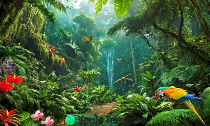 Selva tropical vibrante con diversas plantas y animales exóticos bajo un suave filtro de luz