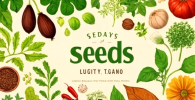 Ilustración colorida de diferentes tipos de semillas en un jardín