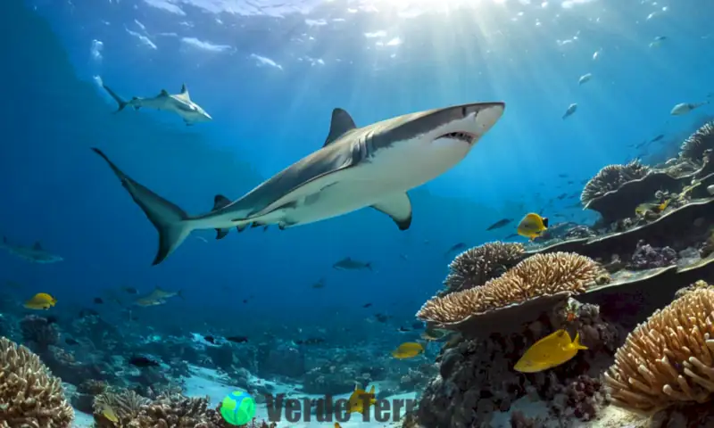 Escena submarina con tiburones, incluyendo un gran blanco, martillo y tigre, rodeados de coloridos corales y peces