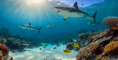 Varias especies de tiburones nadan en un vibrante entorno submarino con coloridos corales y luz filtrada