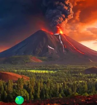 Ilustración colorida de diferentes tipos de volcanes: estratovolcán