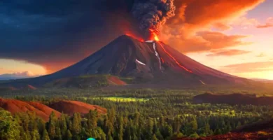 Ilustración colorida de diferentes tipos de volcanes: estratovolcán