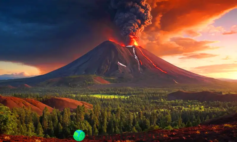 Ilustración colorida de diferentes tipos de volcanes: estratovolcán