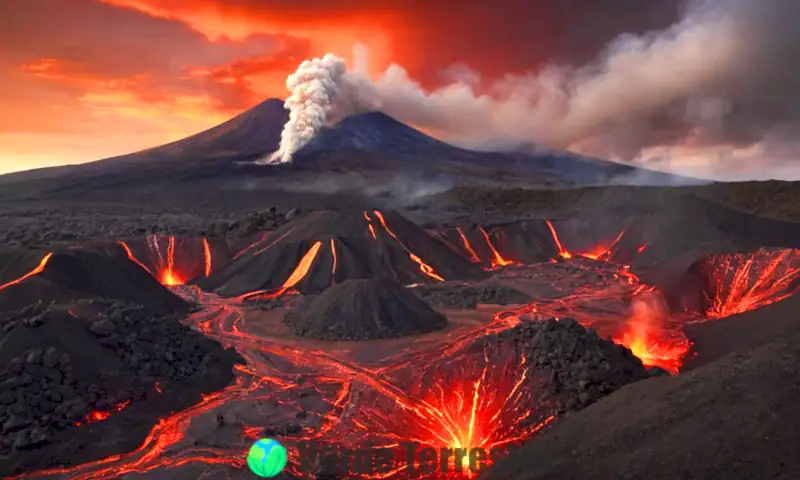 Ilustración informativa de tipos de volcanes con flujos de lava, nubes de ceniza y un atardecer vibrante