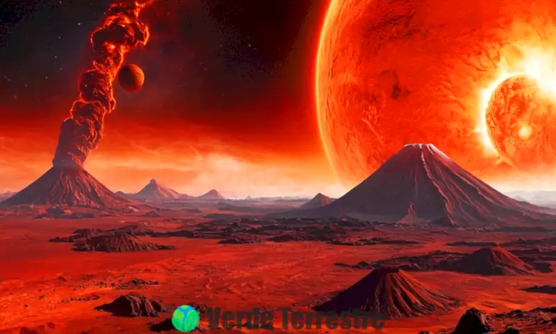 Ilustración surrealista de diferentes volcanes extraterrestres en paisajes planetarios vibrantes