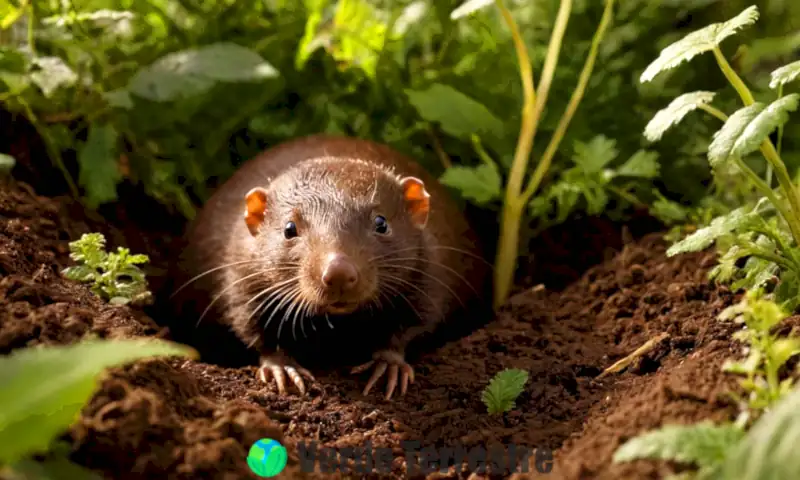 Topos curiosos emergiendo de un túnel en la tierra, rodeados de raíces y plantas, con un bosque de fondo