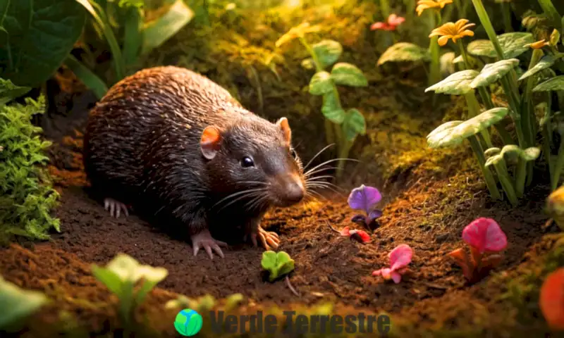 Un topo curioso emerge de la tierra, rodeado de plantas coloridas y símbolos mitológicos en un túnel encantador