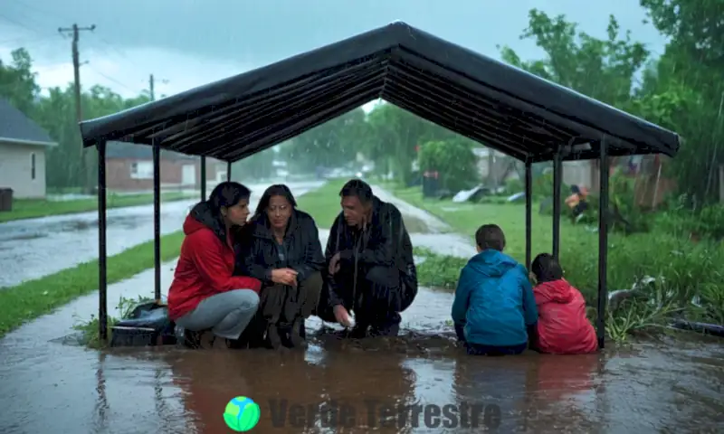 Familia preocupada bajo un refugio, rodeada de calles inundadas y escombros durante una tormenta intensa