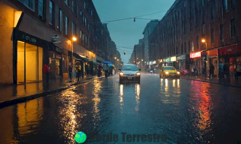 Escena urbana en medio de una intensa lluvia, con calles inundadas, personas buscando refugio y nubes oscuras iluminadas por relámpagos