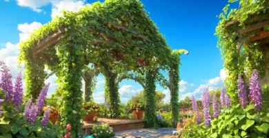 Jardín exuberante con plantas trepadoras