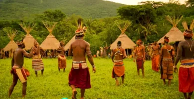 Reunión vibrante de diversas tribus africanas en un entorno natural