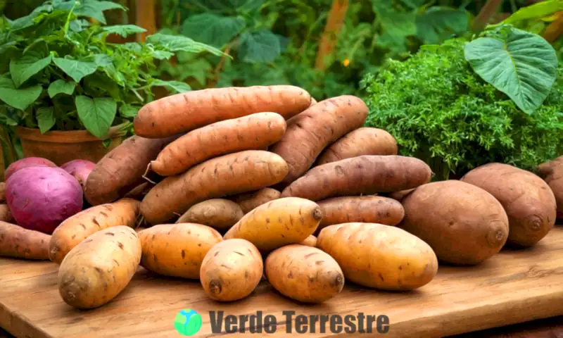Arreglo artístico de tubérculos nutritivos sobre una mesa de madera rústica, con un jardín verde de fondo