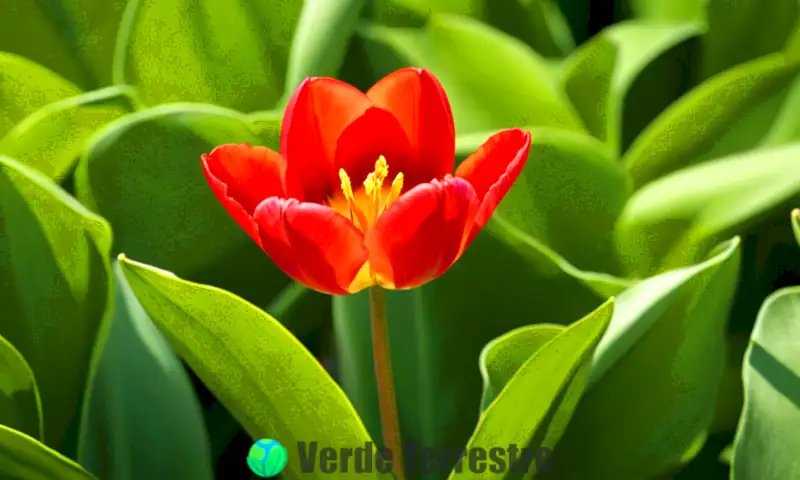 Un tulipán rojo en plena floración rodeado de hojas verdes en un jardín luminoso